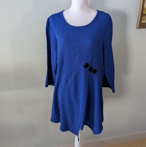 Yushi Women's Large Blue Tunic Crinkle Top Button Accent Artsy Lagenlook